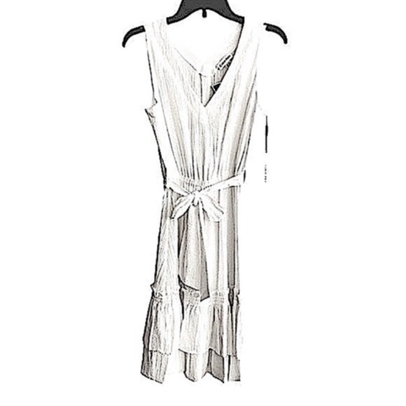 Calvin Klein Ruffle Hem Sleeveless Dress Belted Double V-neck Off White Size 4 - Picture 1 of 11